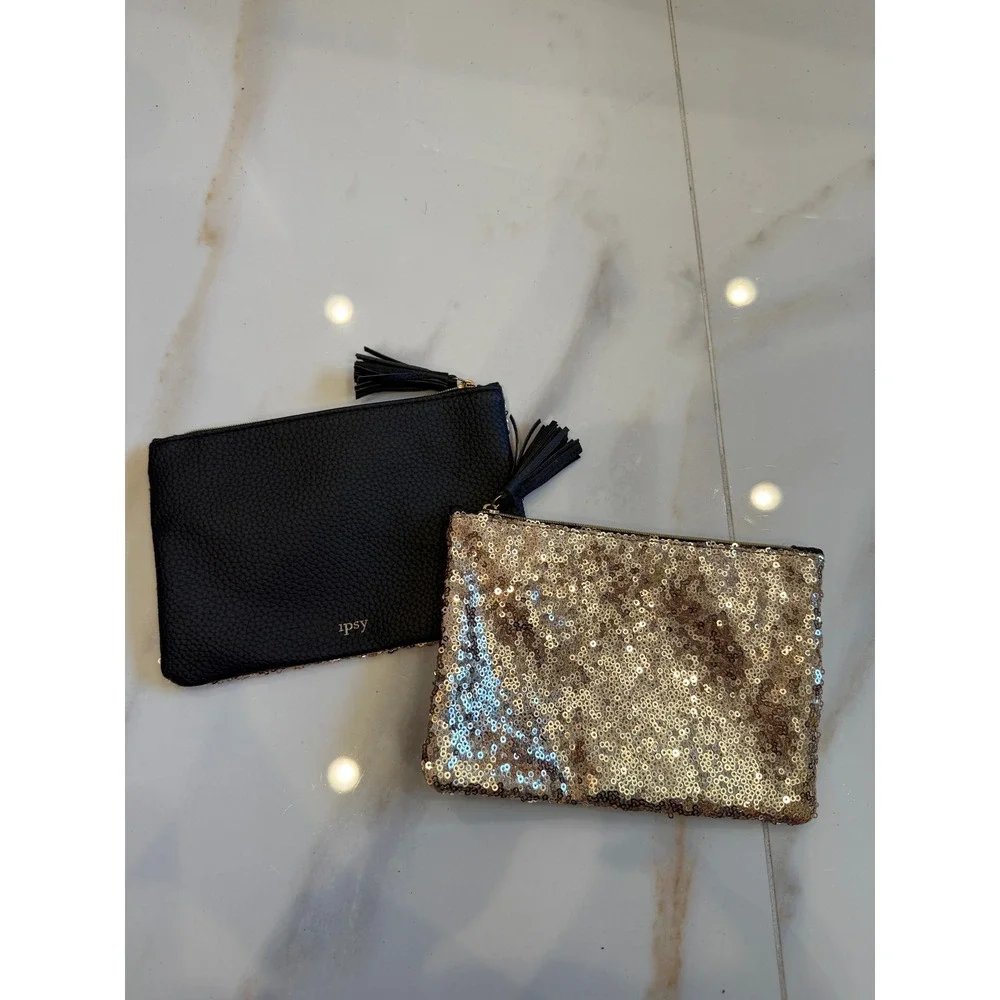 Ipsy‎ Gold Sequin Black Faux Leather Tassel Makeup Bag Set of 2 Cosmetic Pouches
